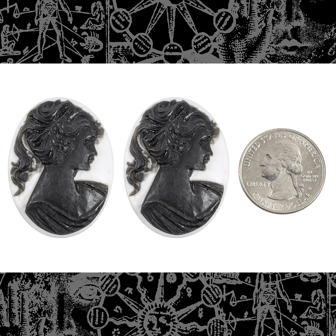 Black on White 40mm x 30mm Feminine Profile Resin Cameos - Set of Two - CAM240